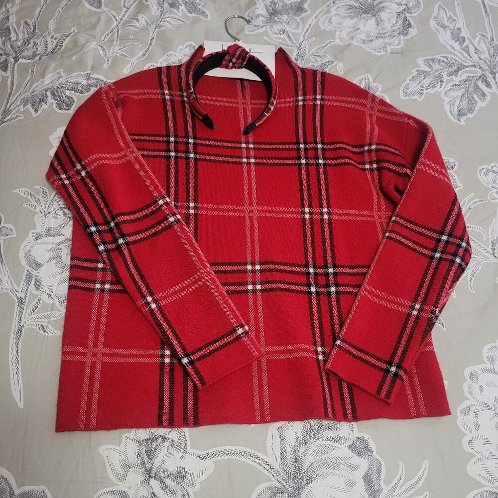 Nicole Miller Red & Black Funnel Neck Plaid Holiday Sweater Size Medium